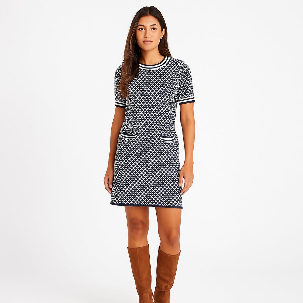 Boden Navy Geometric Knit Sweater Dress Size 4 – Short Sleeve Shift Style
